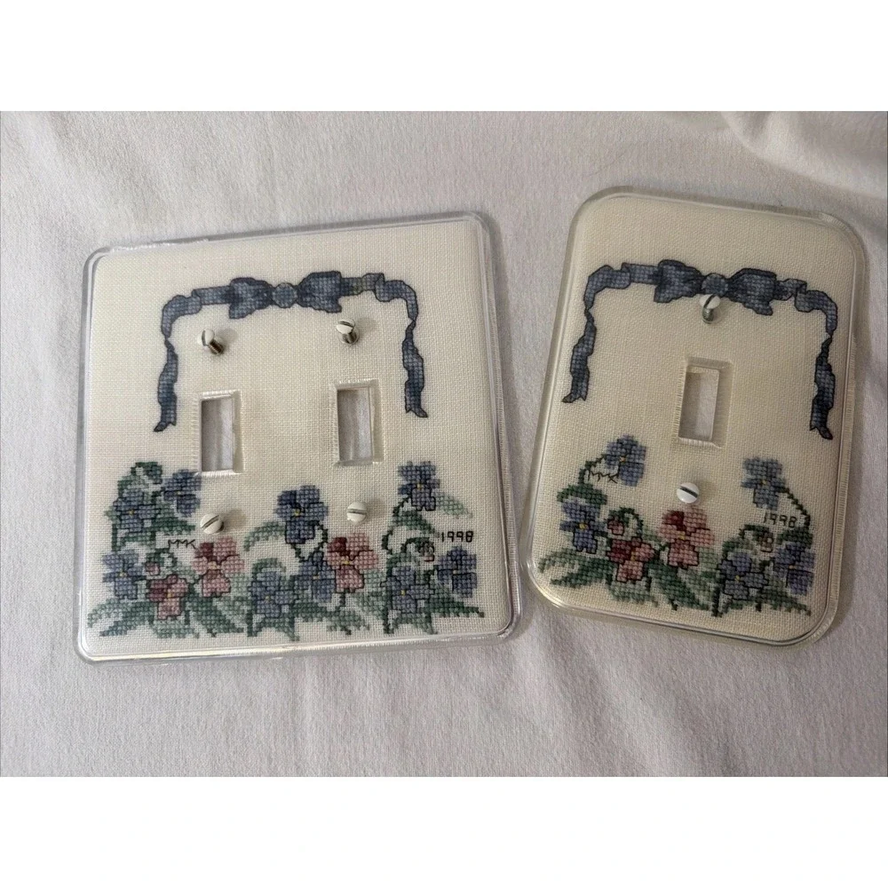 Set of 2 Vintage Needlepoint Switch Plate Covers Blue Flowers Handmade 1998